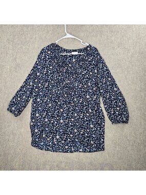 Westport 1962 Womens Floral Blouse Navy Blue XL Lightweight 3/4 Sleeve Polyester
